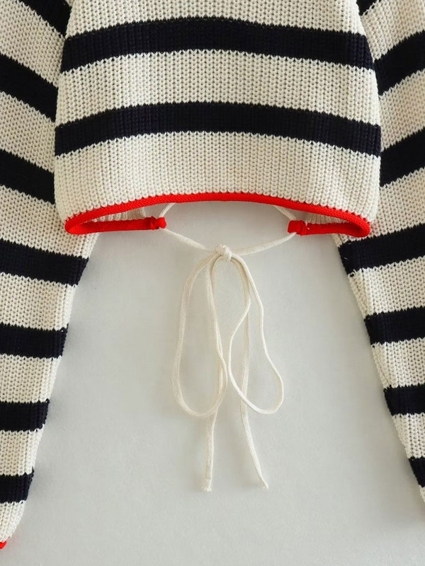 Πλεκτό ριγέ χρώμα αντίθεσης Πουλόβερ χωρίς πλάτη με κορδόνια Γυναικεία πουλόβερ με μακρυμάνικο λαιμόκοψη 2023 Spring Street Chic Crop Top