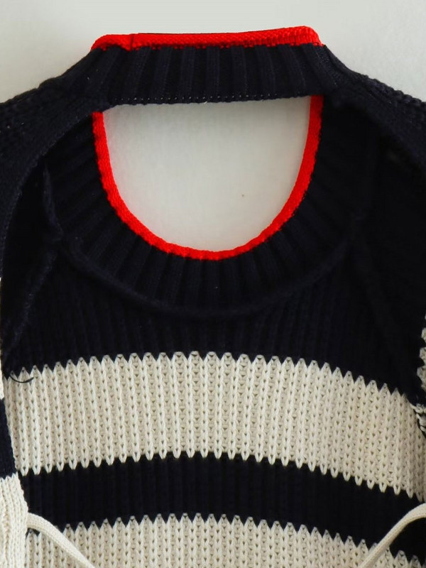 Πλεκτό ριγέ χρώμα αντίθεσης Πουλόβερ χωρίς πλάτη με κορδόνια Γυναικεία πουλόβερ με μακρυμάνικο λαιμόκοψη 2023 Spring Street Chic Crop Top