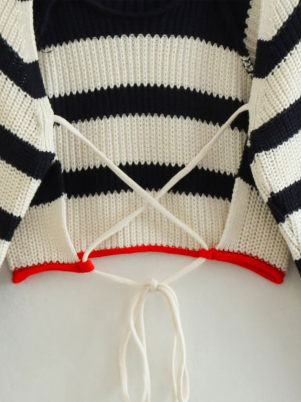 Πλεκτό ριγέ χρώμα αντίθεσης Πουλόβερ χωρίς πλάτη με κορδόνια Γυναικεία πουλόβερ με μακρυμάνικο λαιμόκοψη 2023 Spring Street Chic Crop Top