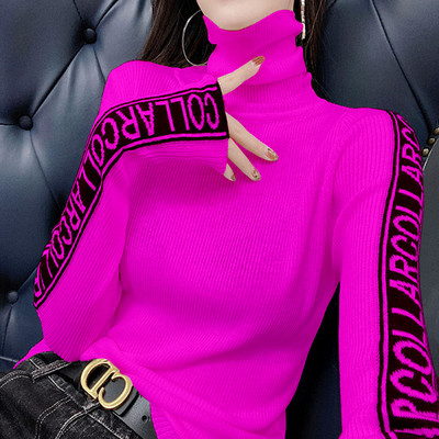 Pulover de toamnă iarnă pentru femei Pulover tricotat cu nervuri Pulover cu mânecă lungă cu gât țesut Pulover subțire, moale, cald, pentru femei