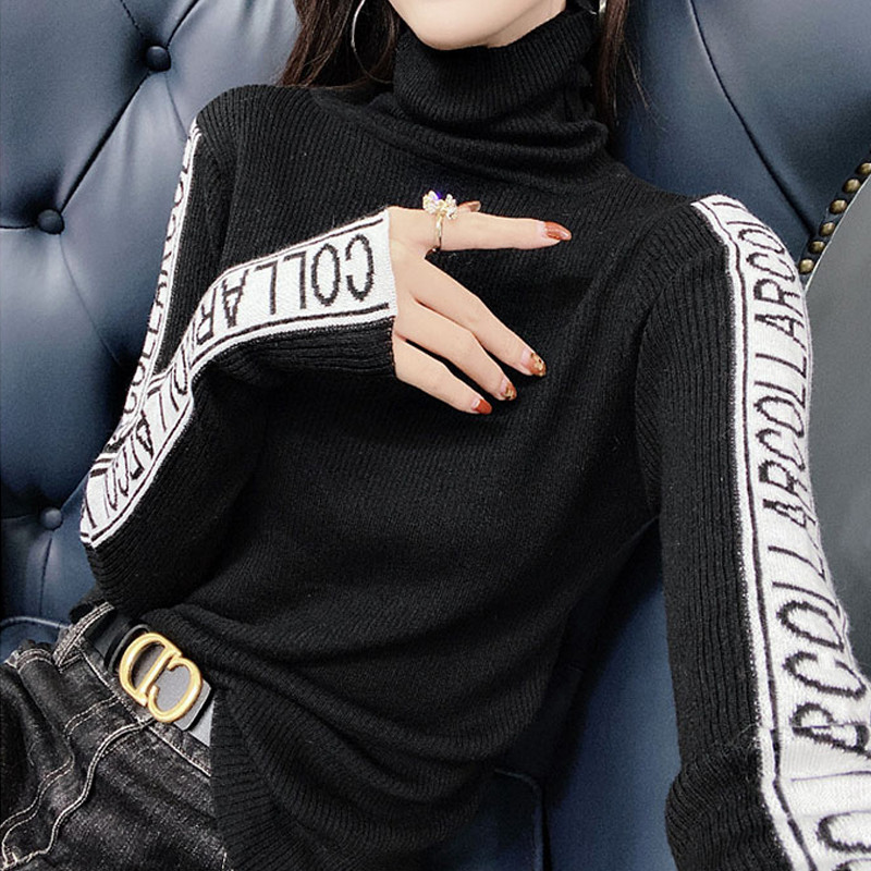 Pulover de toamnă iarnă pentru femei Pulover tricotat cu nervuri Pulover cu mânecă lungă cu gât țesut Pulover subțire, moale, cald, pentru femei