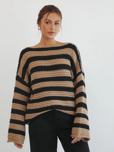 Γυναικείο πουλόβερ πουλόβερ με αντίθεση με ρίγες, φαρδιά λαιμόκοψη βάρκα με μακρυμάνικο γυναικείο πλεκτό μπλουζάκι 2023 Φθινόπωρο Lady Chic Streetwear