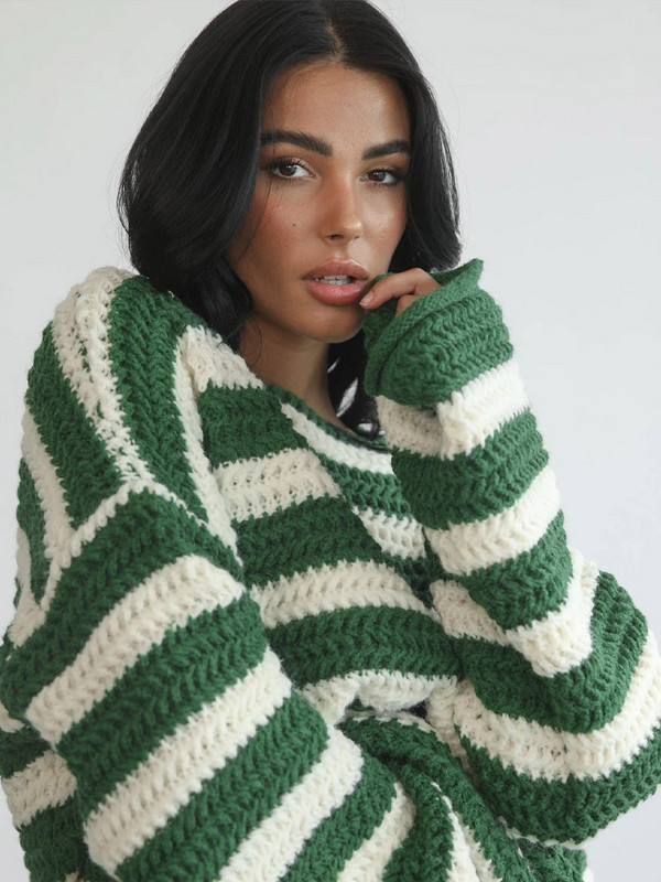 Γυναικείο πουλόβερ πουλόβερ με αντίθεση με ρίγες, φαρδιά λαιμόκοψη βάρκα με μακρυμάνικο γυναικείο πλεκτό μπλουζάκι 2023 Φθινόπωρο Lady Chic Streetwear