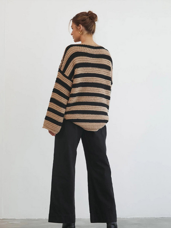 Γυναικείο πουλόβερ πουλόβερ με αντίθεση με ρίγες, φαρδιά λαιμόκοψη βάρκα με μακρυμάνικο γυναικείο πλεκτό μπλουζάκι 2023 Φθινόπωρο Lady Chic Streetwear