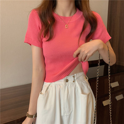 Kvaliteetne naiste õhuke Korea versiooni õhuke pullover, lühikeste varrukatega alumine ülaosa ümara kaelusega aluskattega ühevärviline kampsun