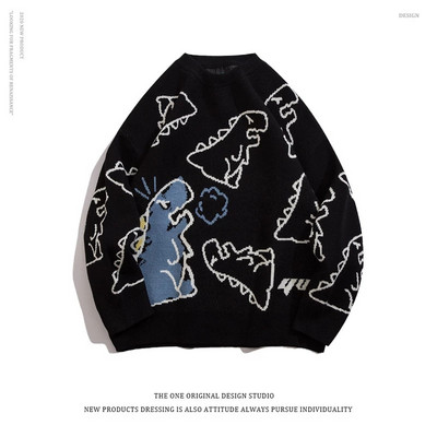 Ženski preveliki pulover s dugim rukavima i O-izrezom, jednobojni pleteni pulover s Y2K printom dinosaura, široki, ležerni, preveliki pleteni pulover
