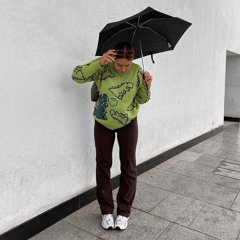 Ženski preveliki pulover s dugim rukavima i O-izrezom, jednobojni pleteni pulover s Y2K printom dinosaura, široki, ležerni, preveliki pleteni pulover