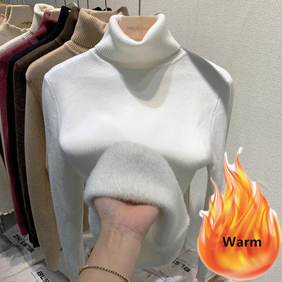 Πουλόβερ με βελούδινη επένδυση χειμωνιάτικο ζιβάγκο Ζεστό λεπτό μακρυμάνικο μπλουζάκι Παχύ μαλακό πλεκτό πουλόβερ Κορεάτικη γυναικεία βασική πουλόβερ