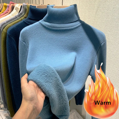 Πουλόβερ με βελούδινη επένδυση χειμωνιάτικο ζιβάγκο Ζεστό λεπτό μακρυμάνικο μπλουζάκι Παχύ μαλακό πλεκτό πουλόβερ Κορεάτικη γυναικεία βασική πουλόβερ