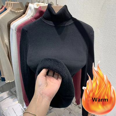 Πουλόβερ με βελούδινη επένδυση χειμωνιάτικο ζιβάγκο Ζεστό λεπτό μακρυμάνικο μπλουζάκι Παχύ μαλακό πλεκτό πουλόβερ Κορεάτικη γυναικεία βασική πουλόβερ