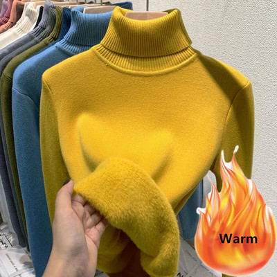 Πουλόβερ με βελούδινη επένδυση χειμωνιάτικο ζιβάγκο Ζεστό λεπτό μακρυμάνικο μπλουζάκι Παχύ μαλακό πλεκτό πουλόβερ Κορεάτικη γυναικεία βασική πουλόβερ