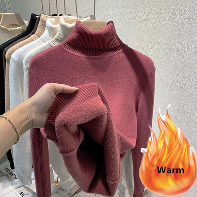 Πουλόβερ με βελούδινη επένδυση χειμωνιάτικο ζιβάγκο Ζεστό λεπτό μακρυμάνικο μπλουζάκι Παχύ μαλακό πλεκτό πουλόβερ Κορεάτικη γυναικεία βασική πουλόβερ