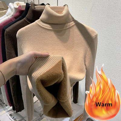 Πουλόβερ με βελούδινη επένδυση χειμωνιάτικο ζιβάγκο Ζεστό λεπτό μακρυμάνικο μπλουζάκι Παχύ μαλακό πλεκτό πουλόβερ Κορεάτικη γυναικεία βασική πουλόβερ