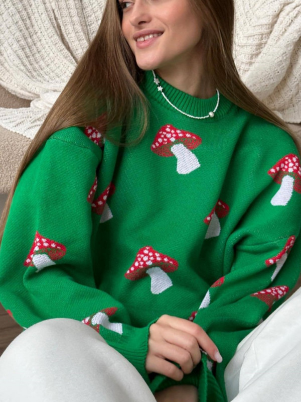 Pulover s printom gljiva Ženski jesenski pulover s dugim rukavima i O-izrezom Elegantni ženski pulover 2023. Modna ležerna ženska odjeća