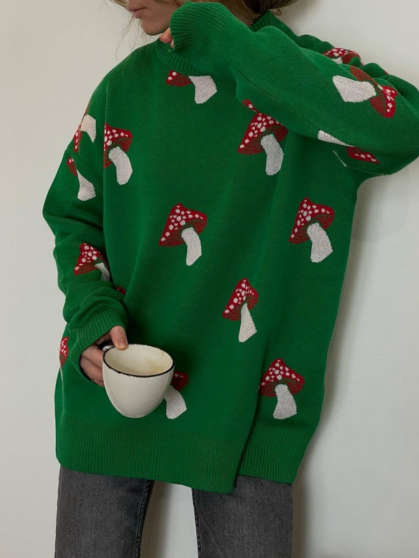 Pulover s printom gljiva Ženski jesenski pulover s dugim rukavima i O-izrezom Elegantni ženski pulover 2023. Modna ležerna ženska odjeća