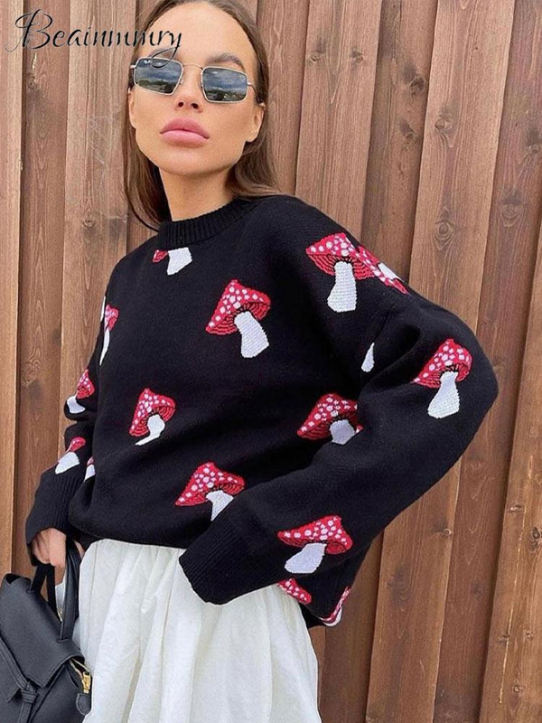 Pulover s printom gljiva Ženski jesenski pulover s dugim rukavima i O-izrezom Elegantni ženski pulover 2023. Modna ležerna ženska odjeća