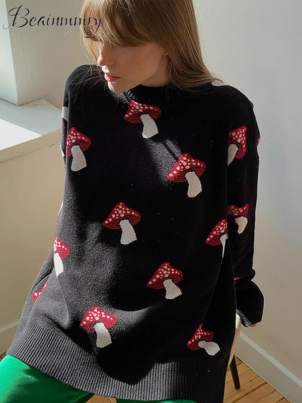 Pulover s printom gljiva Ženski jesenski pulover s dugim rukavima i O-izrezom Elegantni ženski pulover 2023. Modna ležerna ženska odjeća