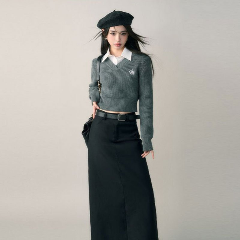 Deeptown Harajuku Basic Crni skraćeni džemper Ženski vintage korejski stil Tanki sivi pleteni džemper dugih rukava Ženski elegantan modni