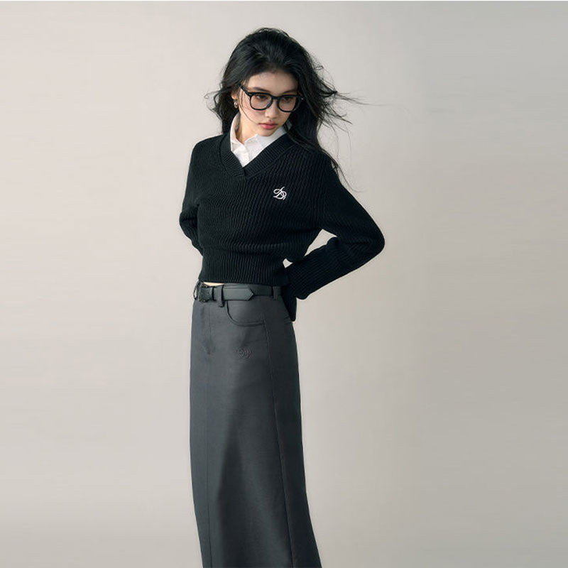 Deeptown Harajuku Basic Crni skraćeni džemper Ženski vintage korejski stil Tanki sivi pleteni džemper dugih rukava Ženski elegantan modni