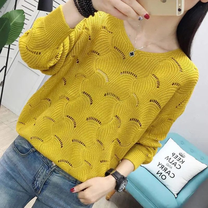 Izdubljeni pulover Majica dugih rukava V-izrez za pletenje Zeleni ženski pulover s širokim dnom Ležerno proljeće jesen