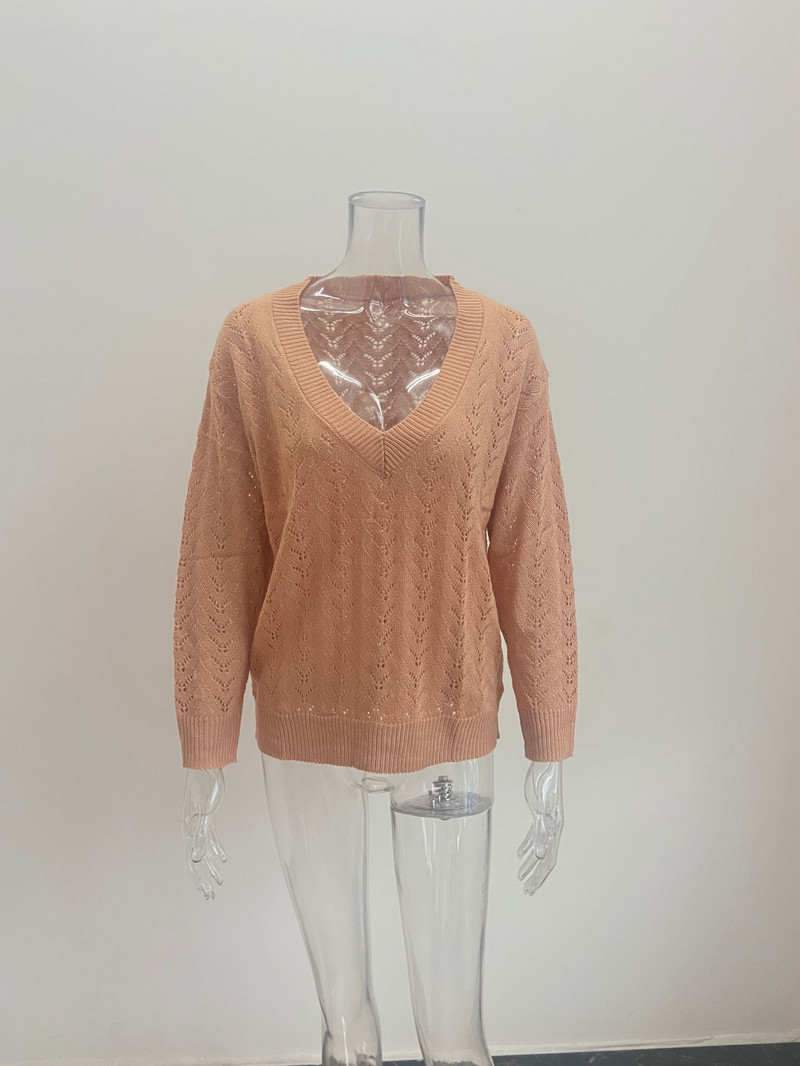 Izdubljeni pulover Ženski Jesen 2022. Jednobojni seksi pleteni džemperi s V izrezom Ženski gornji dijelovi Ležerni puloveri