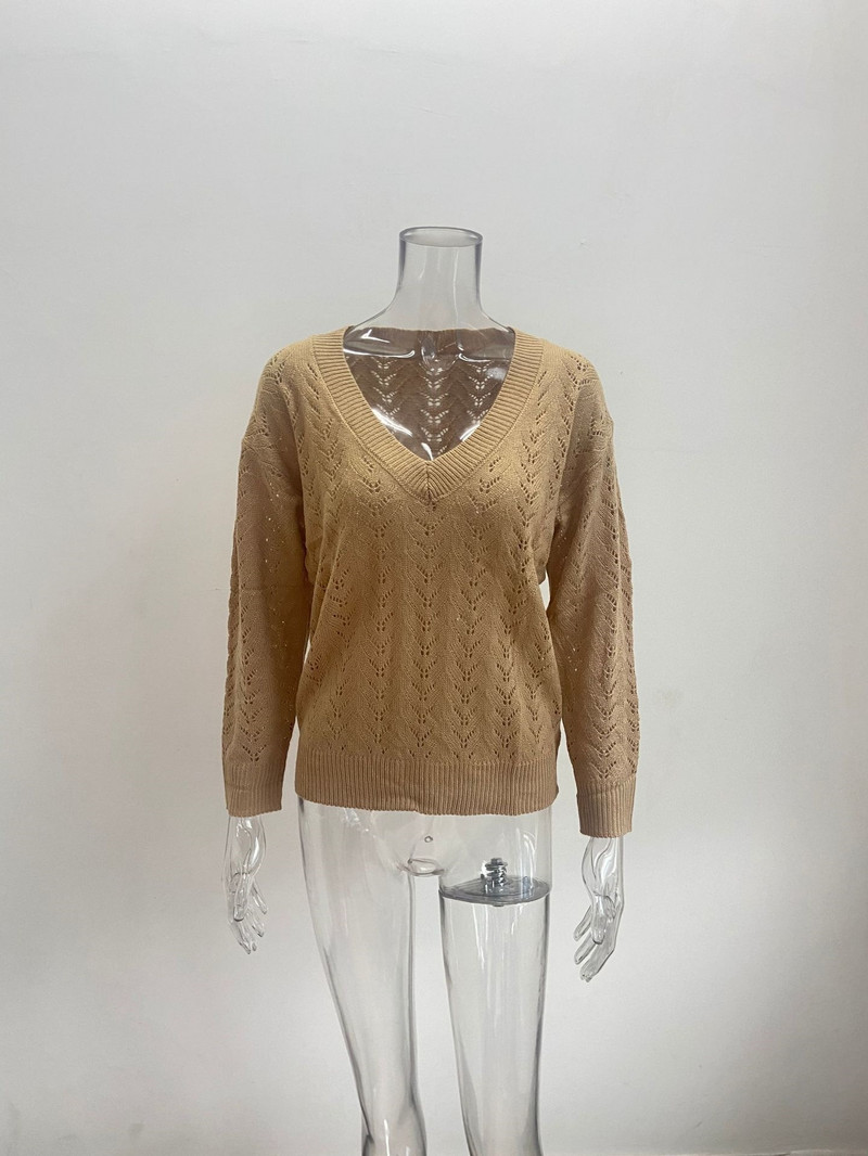 Izdubljeni pulover Ženski Jesen 2022. Jednobojni seksi pleteni džemperi s V izrezom Ženski gornji dijelovi Ležerni puloveri