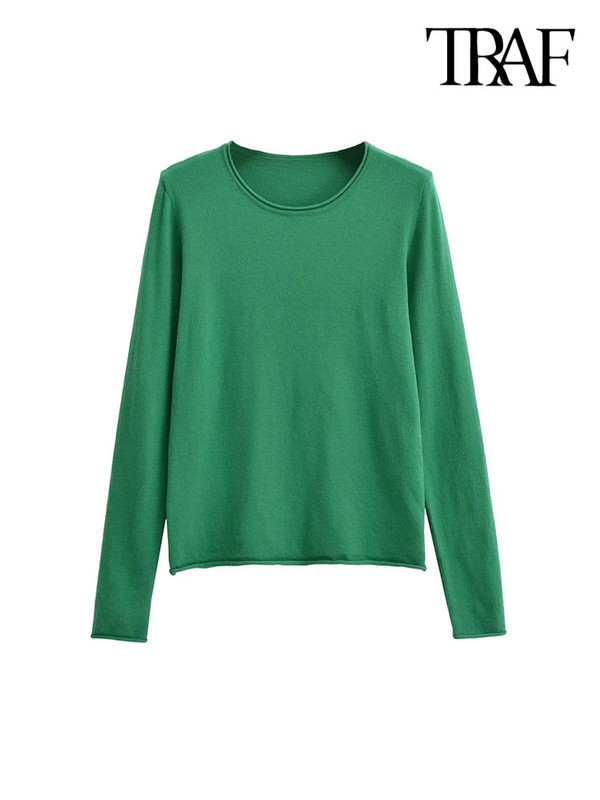 TRAF Γυναικεία μόδα ριγέ Πλεκτό πουλόβερ Vintage O λαιμό μακρυμάνικο γυναικεία πουλόβερ Κομψά μπλουζάκια