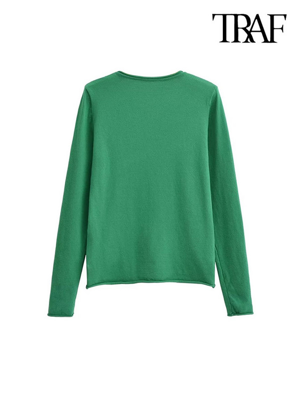 TRAF Γυναικεία μόδα ριγέ Πλεκτό πουλόβερ Vintage O λαιμό μακρυμάνικο γυναικεία πουλόβερ Κομψά μπλουζάκια