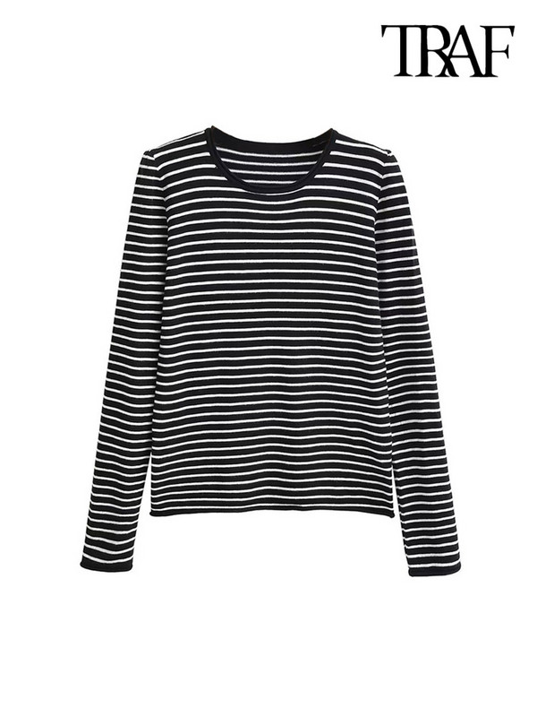 TRAF Γυναικεία μόδα ριγέ Πλεκτό πουλόβερ Vintage O λαιμό μακρυμάνικο γυναικεία πουλόβερ Κομψά μπλουζάκια