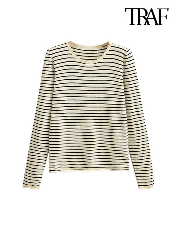 TRAF Γυναικεία μόδα ριγέ Πλεκτό πουλόβερ Vintage O λαιμό μακρυμάνικο γυναικεία πουλόβερ Κομψά μπλουζάκια
