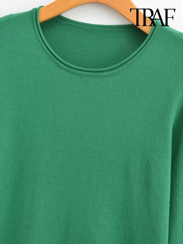 TRAF Γυναικεία μόδα ριγέ Πλεκτό πουλόβερ Vintage O λαιμό μακρυμάνικο γυναικεία πουλόβερ Κομψά μπλουζάκια