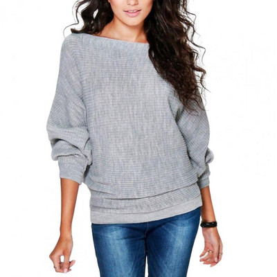 Rebrasti pulover dugih rukava s brodskim izrezom i šišmiš dugih rukava Jesen Zima Elastična ženska pletena odjeća Jednobojni široki pulover Top Streetwear