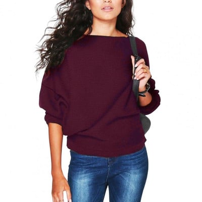 Rebrasti pulover dugih rukava s brodskim izrezom i šišmiš dugih rukava Jesen Zima Elastična ženska pletena odjeća Jednobojni široki pulover Top Streetwear