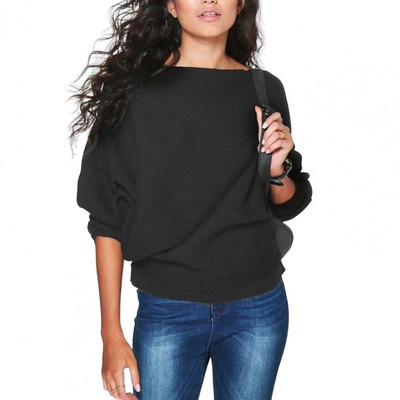 Rebrasti pulover dugih rukava s brodskim izrezom i šišmiš dugih rukava Jesen Zima Elastična ženska pletena odjeća Jednobojni široki pulover Top Streetwear