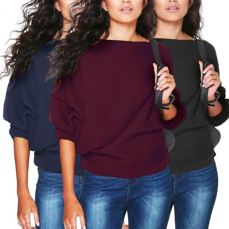 Rebrasti pulover dugih rukava s brodskim izrezom i šišmiš dugih rukava Jesen Zima Elastična ženska pletena odjeća Jednobojni široki pulover Top Streetwear