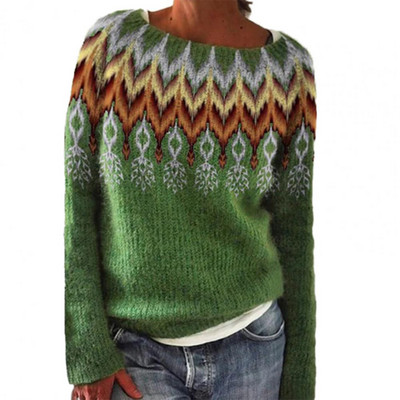 Pulover s dugim rukavima s O-izrezom Ženski zimski retro print Široki topli pleteni pulover Dnevna odjeća