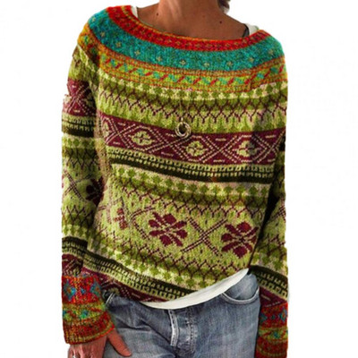 Pulover s dugim rukavima s O-izrezom Ženski zimski retro print Široki topli pleteni pulover Dnevna odjeća