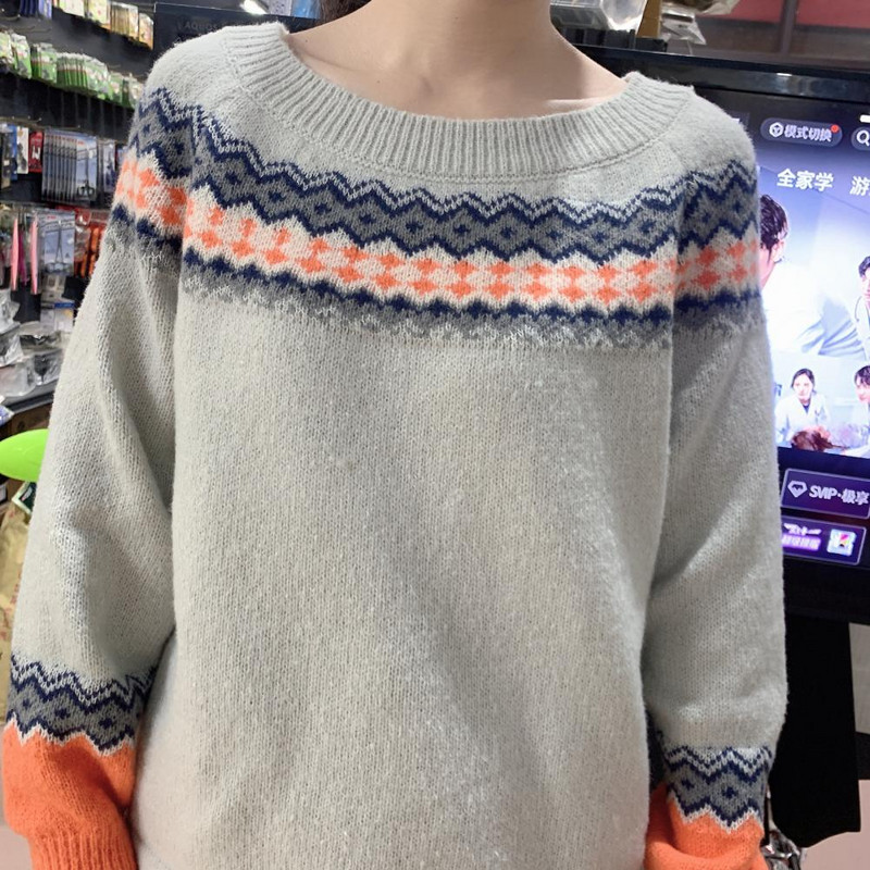 Pulover s dugim rukavima s O-izrezom Ženski zimski retro print Široki topli pleteni pulover Dnevna odjeća