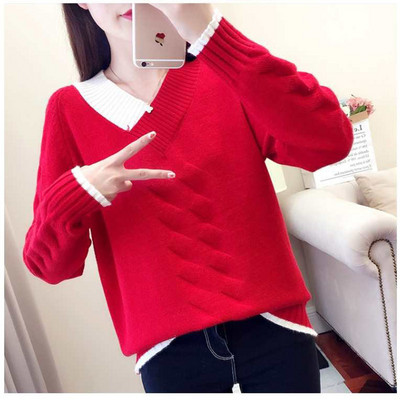 Ženski pleteni džemperi i puloveri, ležerni, topli jesenski džemper s V-izrezom, ženski, jednobojni, plavi pulover