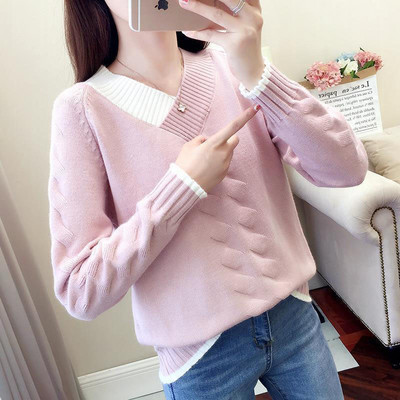 Ženski pleteni džemperi i puloveri, ležerni, topli jesenski džemper s V-izrezom, ženski, jednobojni, plavi pulover