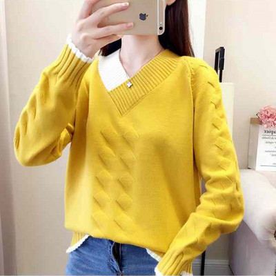 Ženski pleteni džemperi i puloveri, ležerni, topli jesenski džemper s V-izrezom, ženski, jednobojni, plavi pulover