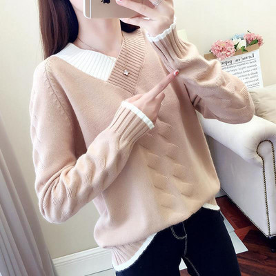 Ženski pleteni džemperi i puloveri, ležerni, topli jesenski džemper s V-izrezom, ženski, jednobojni, plavi pulover