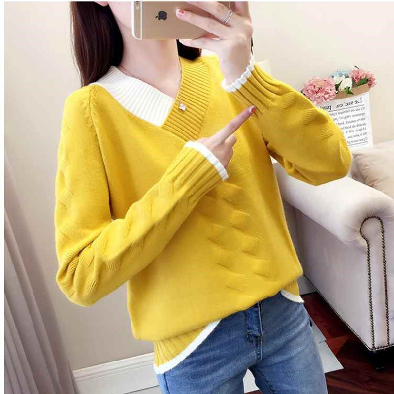 Ženski pleteni džemperi i puloveri, ležerni, topli jesenski džemper s V-izrezom, ženski, jednobojni, plavi pulover