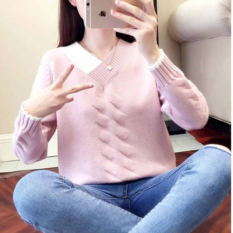 Ženski pleteni džemperi i puloveri, ležerni, topli jesenski džemper s V-izrezom, ženski, jednobojni, plavi pulover