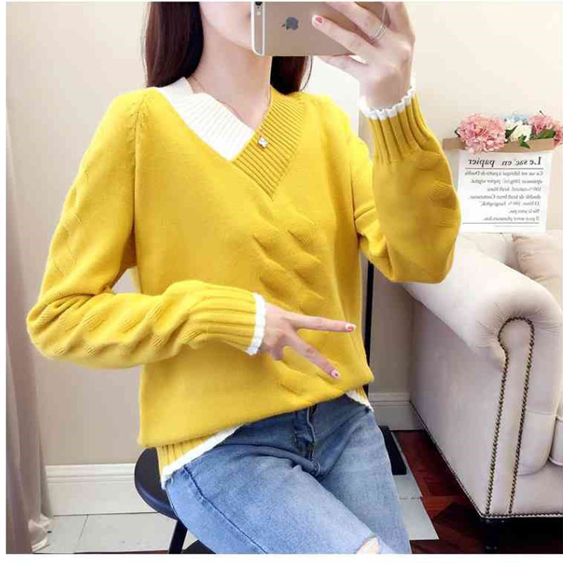 Ženski pleteni džemperi i puloveri, ležerni, topli jesenski džemper s V-izrezom, ženski, jednobojni, plavi pulover