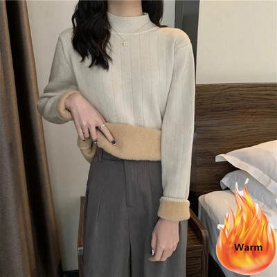 Zimski Thicken Plus baršunasti pleteni pulover Ženske tanke tople pletene majice s postavom od pliša Korejski osnovni pleteni džemper Ležerni pulover