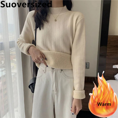 Zimski Thicken Plus baršunasti pleteni pulover Ženske tanke tople pletene majice s postavom od pliša Korejski osnovni pleteni džemper Ležerni pulover