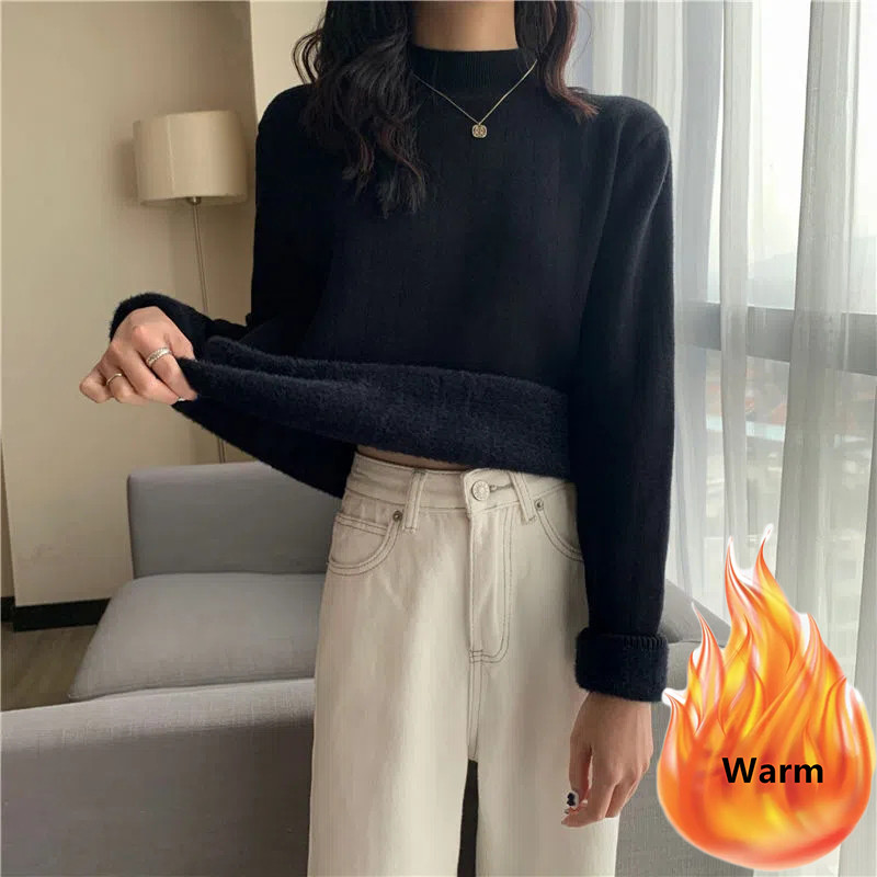 Zimski Thicken Plus baršunasti pleteni pulover Ženske tanke tople pletene majice s postavom od pliša Korejski osnovni pleteni džemper Ležerni pulover