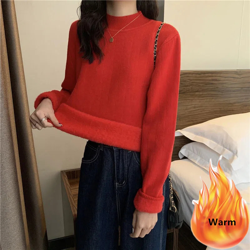 Zimski Thicken Plus baršunasti pleteni pulover Ženske tanke tople pletene majice s postavom od pliša Korejski osnovni pleteni džemper Ležerni pulover