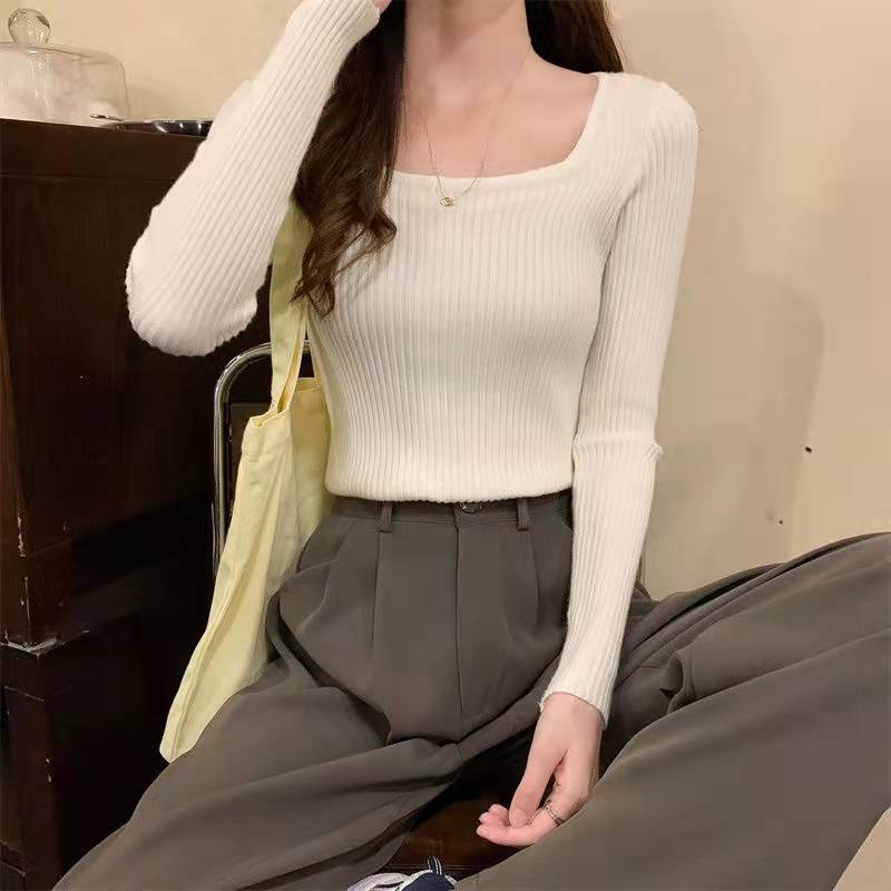 Lucyever 2022 Basic Jednobojni pulover s četvrtastim izrezom Ženski visokokvalitetni ležerni pleteni pulover Proljetni pulover dugih rukava